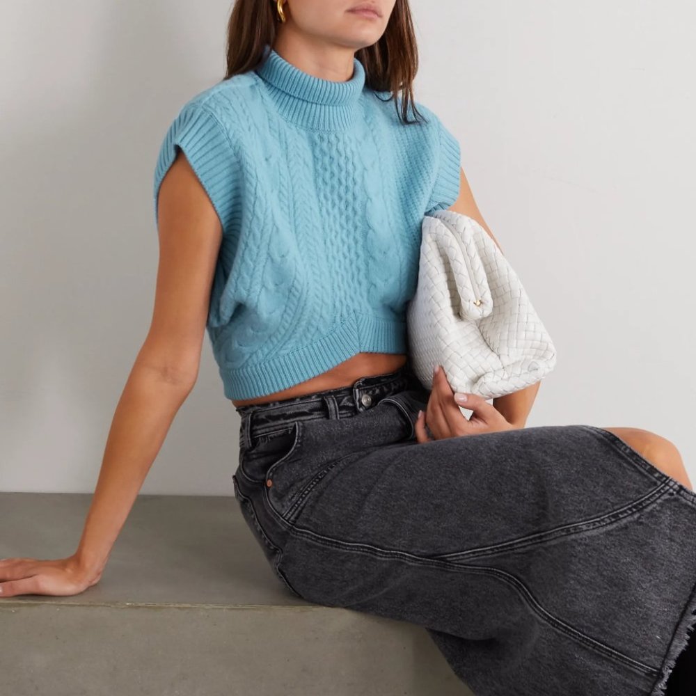 Anderson Bell | Kyla Cropped Cable-knit Turtleneck Wool Vest - Sky blue M